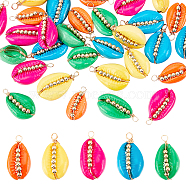 AHADERMAKER 30Pcs 5 Colors Spray Painted Natural Cowrie Shell Pendants, with Golden Tone Brass Beads and Copper Wire Wrapped, Shell Charm, Mixed Color, 20~25x13~16x5~11mm, Hole: 2.5mm, 6pcs/color(SSHEL-GA0001-15)