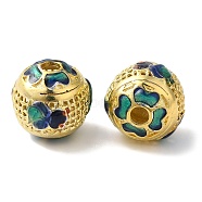 Rack Plating Brass Enamel Beads, Long-Lasting Plated, Cadmium Free & Lead Free, Round with Flower Pattern, Real 18K Gold Plated, 12.5mm, Hole: 2.5mm(KK-P276-22A-G)