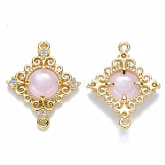 Glass Links connectors, with Eco-Friendly Alloy Open Back Berzel Findings and Clear Cubic Zirconia, Rhombus, Nickel Free, Light Gold, Pink, 23.5x19x4.5mm, Hole: 1.2mm(X-GLAA-T014-06KC-NF)