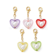 Heart Acrylic & Glass Pearl Pendant Decorations, with Alloy Lobster Claw Clasps, Mixed Color, 35mm(HJEW-JM01403)