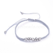 Adjustable Nylon Thread Braided Bead Bracelets, with Brass Round Beads, Light Grey, Inner Diameter: 2-1/8 inch~3-1/2 inch(5.4~9cm)(BJEW-JB05289-03)