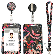 Flower Pattern ABS Plastic ID Badge Holder Sets, include Lanyard and Retractable Badge Reel, ID Card Holders with Clear Window, Rectangle, Black, Card: 110x69x5.5mm(AJEW-WH0368-18)