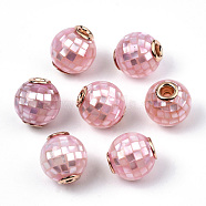 Natural White Shell Beads, with Brass Findings, Round, Dyed, Pink, 10.5~11x10mm, Hole: 2mm(SSHEL-N034-131G)