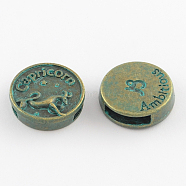 Antique Bronze & Green Patina Plated Flat Round Zinc Alloy Slide Charms, with Constellation/Zodiac Sign, Cadmium Free & Nickel Free & Lead Free, Capricorn, 17~18x5mm, Hole: 11x3mm(X-PALLOY-Q307-03-NR)