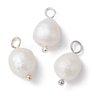 3Pcs 3 Colors Natural Pearl Potato Charms, with Brass Loops, Mixed Color, 13~15x6~8x6mm, Hole: 2.8mm, 1pc/color(PALLOY-JF02199)