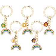 5Pcs 5 Colors Alloy Enamel Pendant Keychains, with Light Gold Plated Iron Key Rings, Rainbow & Daisy, Mixed Color, 7cm, 1 pc/color(KEYC-HY0001-01)