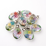 Glass Luminous Big Pendants, Cadmium Free & Lead Free, with Dried Flower Inside, Built-in Battery, with Alloy Findings, Oval with Tree of Life Pattern, Platinum, Mixed Color, 53x29.5x17mm, Hole: 1.5mm(GGLA-S035-003)