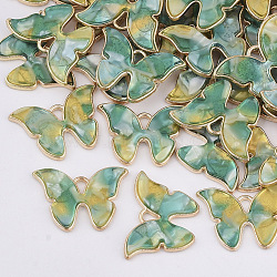 Alloy Pendants, with Cellulose Acetate(Resin), Butterfly, Light Gold, Green, 15.5x22x3mm, Hole: 1.8mm(PALLOY-R111-05C)