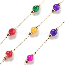 Handmade Round Dyed Natural Malaysia Jade Beaded Chains, with Ion Plating(IP) 304 Stainless Steel Paperclip Chains, Unwelded, Real 18K Gold Plated, Colorful, 2.2x1x0.5mm(CHS-P019-08G-A)