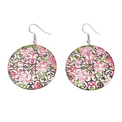 Spray Painted Stainless Steel Flat Round with Flower Dangle Earrings, Etched Metal Embellishments, with Iron Earring Hooks, Stainless Steel Color, Colorful, 58mm, Pin: 0.7mm(EJEW-I256-13P)