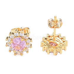 Cubic Zirconia Flower Stud Earrings, Golden Brass Jewelry for Women, Nickel Free, Pearl Pink, 11x11mm, Pin: 0.7mm(EJEW-N011-60B)