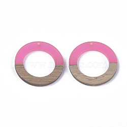 Resin & Walnut Wood Pendants, Ring, Hot Pink, 38x3.5mm, Hole: 2mm(RESI-S358-04I-01)