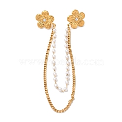 304 Stainless Steel Pave Clear Cubic Zirconia & ABS Pearl Flower Hanging Chain Brooch, Golden, 170mm(JEWB-S021-05G)