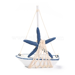 Mediterranean Style Natural Wood Display Decorations, Sailboat with Starfish, Marine Blue, 110x28x170mm(DJEW-H005-03B)