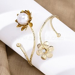 Lotus Alloy Arm Cuff Bangles for Girl Women, with Rhinestone and Plastic Imitation Pearl, Golden, Inner Diameter: 3-1/4 inch(8.15cm)(AJEW-A063-01J-G)