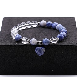 Round Natural Sodalite & Quartz Crystal Beaded Stretch Bracelets, Heart Charm Bracelets for Women(XW2849-7)