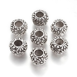 Alloy European Large Hole Beads, Rondelle with Flower, Antique Silver, 11.5x7mm, Hole: 4.5mm(PALLOY-E488-24AS)