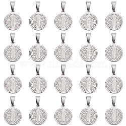 20Pcs 304 Stainless Steel Pendants, Religion, Flat Round with Saint Benedict, Stainless Steel Color, 15x12x1.5mm, Hole: 5x3mm(STAS-DC0012-64)