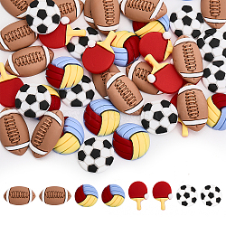 64Pcs 4 Styles Sports Theme Opaque Resin Cabochons, Rugby & Volleyball & Table Tennis & Football Pattern, Sports Themed Pattern, 17~24x14~17x3.5~5.5mm, 16pcs/style(RESI-CA0001-64)