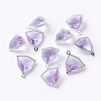 Glass Pendants, with Eco-Friendly Alloy Open Back Berzel Findings, Faceted, Triangle, Silver Color Plated, Lilac, 17x14.5x7mm, Hole: 1.2mm