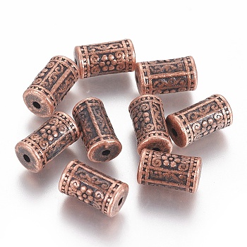 Tibetan Style Alloy Flower Pattern Column Beads, Cadmium Free & Nickel Free & Lead Free, Red Copper, 17x10mm, Hole: 2.5mm