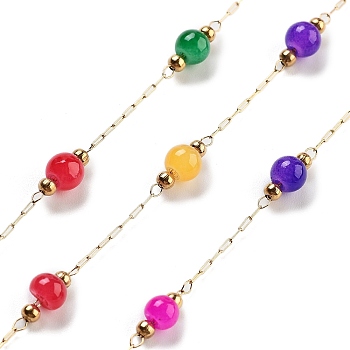 Handmade Round Dyed Natural Malaysia Jade Beaded Chains, with Ion Plating(IP) 304 Stainless Steel Paperclip Chains, Unwelded, Real 18K Gold Plated, Colorful, 2.2x1x0.5mm