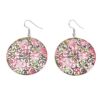 Spray Painted Stainless Steel Flat Round with Flower Dangle Earrings, Etched Metal Embellishments, with Iron Earring Hooks, Stainless Steel Color, Colorful, 58mm, Pin: 0.7mm