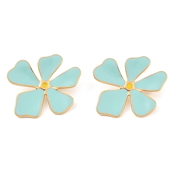 304 Stainless Steel Stud Earrings for Women, with Enamel, Little Daisy Flower, Golden, Aquamarine, 32x34mm