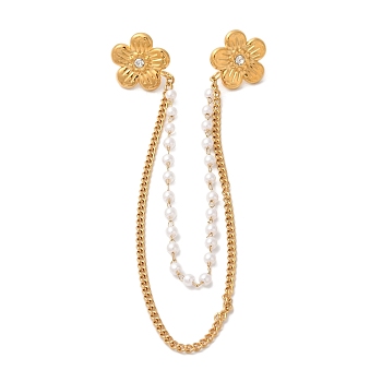 304 Stainless Steel Pave Clear Cubic Zirconia & ABS Pearl Flower Hanging Chain Brooch, Golden, 170mm