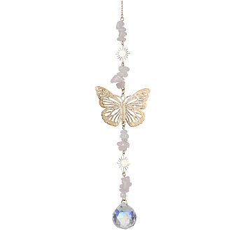 Butterfly Brass Pendant Decorations, with Glass Pendants and Rose Quartz Beads, 315mm