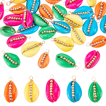AHADERMAKER 30Pcs 5 Colors Spray Painted Natural Cowrie Shell Pendants, with Golden Tone Brass Beads and Copper Wire Wrapped, Shell Charm, Mixed Color, 20~25x13~16x5~11mm, Hole: 2.5mm, 6pcs/color