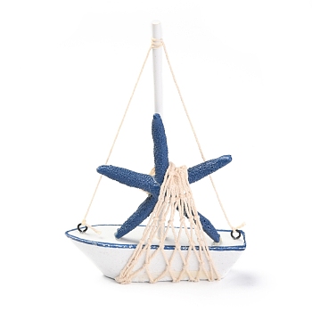 Mediterranean Style Natural Wood Display Decorations, Sailboat with Starfish, Marine Blue, 110x28x170mm
