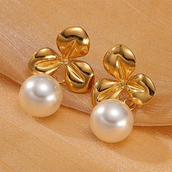 304 Stainless Steel ABS pearl Stud Earrings, White, Clover, 32x19mm