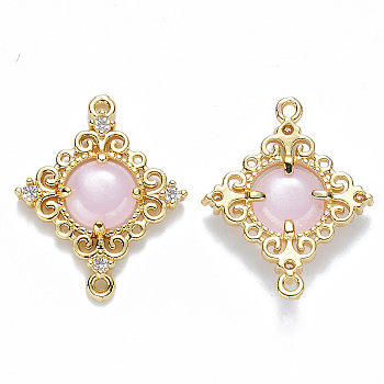 Glass Links connectors, with Eco-Friendly Alloy Open Back Berzel Findings and Clear Cubic Zirconia, Rhombus, Nickel Free, Light Gold, Pink, 23.5x19x4.5mm, Hole: 1.2mm