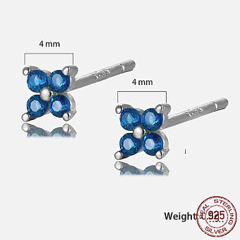 Platinum Rhodium Plated Sterling Silver Flower Stud Earrings, with Cubic Zirconia, with S925 Stamp, Royal Blue, 4x4mm