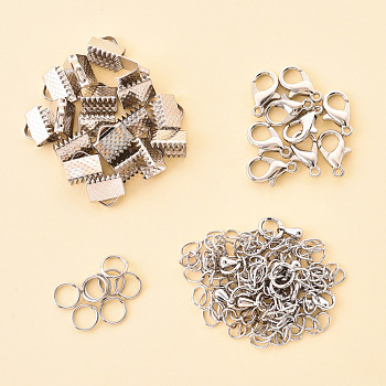 50 Pieces DIY Ribbon Ends Making Kits, Including Iron Ribbon Crimp Ends & Unsoldered Jump Rings, Zinc Alloy Lobster Claw Clasps, Brass Chain Extenders, Platinum, 8x8mm