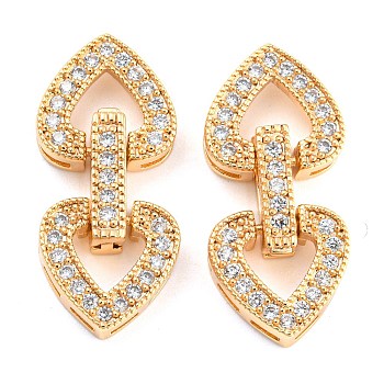 Brass Micro Pave Clear Cubic Zirconia Clasps, Heart, Real 18K Gold Plated, 25mm, Heart: 11x12x4mm, Clasp: 11x3x4.5mm