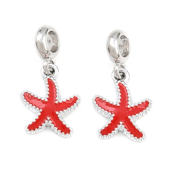 Alloy Enamel European Dangle Charms, Rack Plating, Starfish Large Hole Pendants, Long-Lasting Plated, Platinum, Red, 28.5mm, Hole: 4.5mm