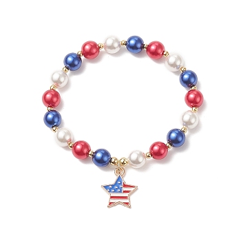 Shell Pearl & Glass Round Beaded Stretch Bracelet, Alloy Enamel Star Charm Independence Day Bracelet for Women, Colorful, 2 inch(5cm)