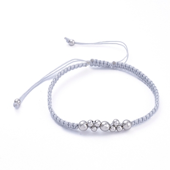 Adjustable Nylon Thread Braided Bead Bracelets, with Brass Round Beads, Light Grey, Inner Diameter: 2-1/8 inch~3-1/2 inch(5.4~9cm)