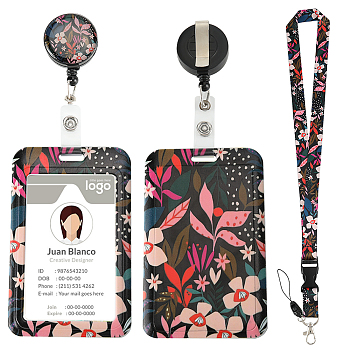 Flower Pattern ABS Plastic ID Badge Holder Sets, include Lanyard and Retractable Badge Reel, ID Card Holders with Clear Window, Rectangle, Black, Card: 110x69x5.5mm
