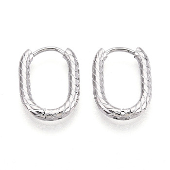 304 Stainless Steel Hoop Earrings, Textured Oval, Stainless Steel Color, 18x13~13.5x2.5mm