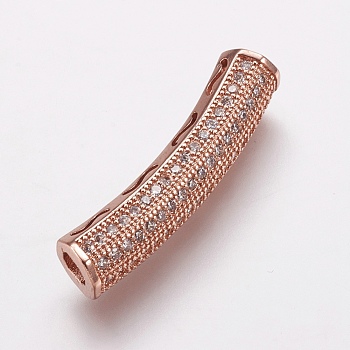 Brass Micro Pave Cubic Zirconia Tube Beads, Tube, Clear, Rose Gold, 26.5x5mm, Hole: 2.5x3mm