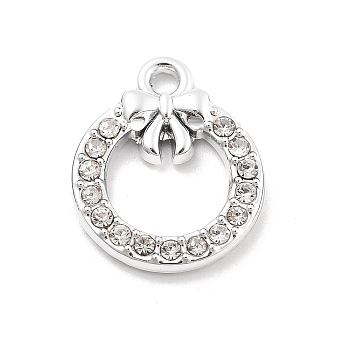 Alloy Rhinestone Pendants, UV Plated, Christmas Wreath, Platinum, 17x14x2mm, Hole: 1.6mm