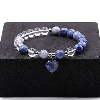 Round Natural Sodalite & Quartz Crystal Beaded Stretch Bracelets, Heart Charm Bracelets for Women