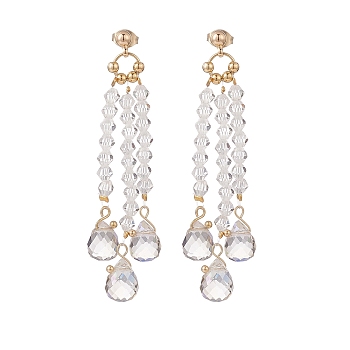 Clear Glass Teardrop Tassel Chandelier Earrings, Brass Long Drop Earrings for Women, Golden, 65mm, Pin: 0.6mm