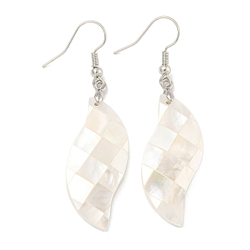 Rack Plating Brass Natural White Shell Dangle Earrings, Platinum, Creamy White, Leaf, 57x15.5mm