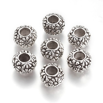 Alloy European Large Hole Beads, Rondelle with Flower, Antique Silver, 11.5x7mm, Hole: 4.5mm
