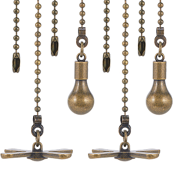 Alloy Ceiling Fan Pull Chain Extenders, with Ball Chains, Fan & Bulb Pendant, Antique Bronze, 344~350x3mm, 2pcs/set