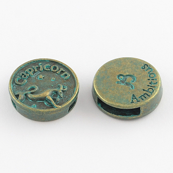 Antique Bronze & Green Patina Plated Flat Round Zinc Alloy Slide Charms, with Constellation/Zodiac Sign, Cadmium Free & Nickel Free & Lead Free, Capricorn, 17~18x5mm, Hole: 11x3mm
